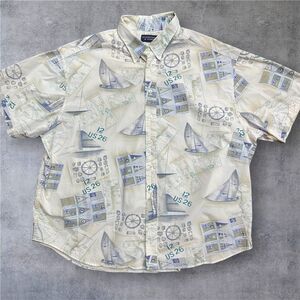 Roundtree & Yorke Vintage Sailboat AOP Button Down Cream Blue Shirt Men's 3X